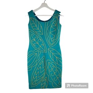 Santa Fe Sheath Dress Womens 6 Aqua Green Ramie Gold Embroidered Leaves Tropical